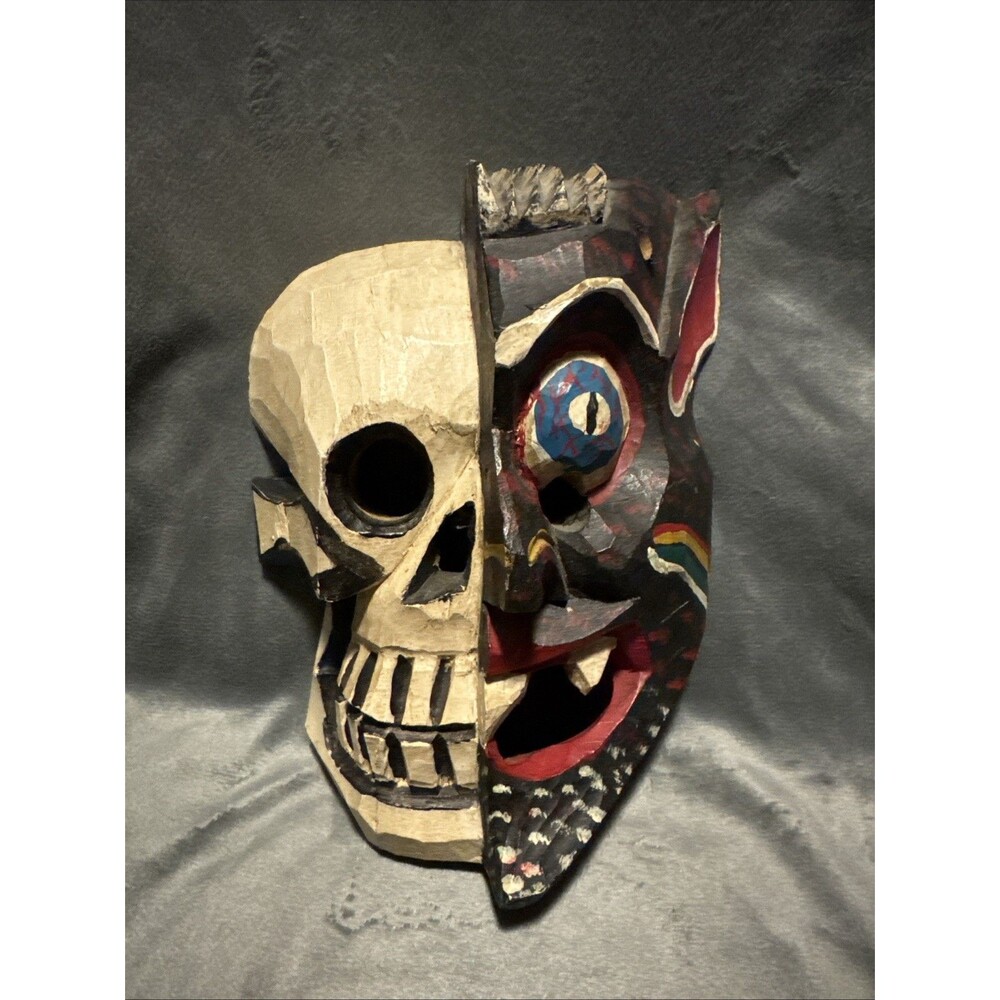 Vintage 80s Hand Carved Wooden African Mask Warrior Painted Devil / Skeleton